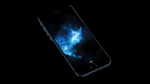 Pocket nebula ignites inside sleek midnight smartphone screen.