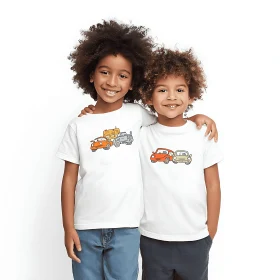 Smiling siblings model matching car print kids T-shirts.