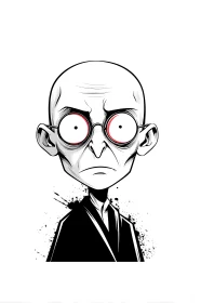 Stern bald cartoon man with round glasses on white background.