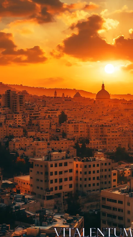 Sun-drenched hillside city glows under ember-soaked skies.