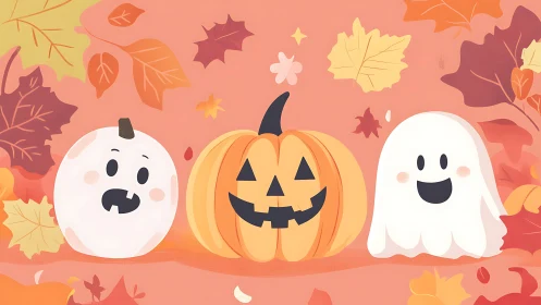 Cute Halloween pumpkin trio smiles amid colorful autumn leaves.