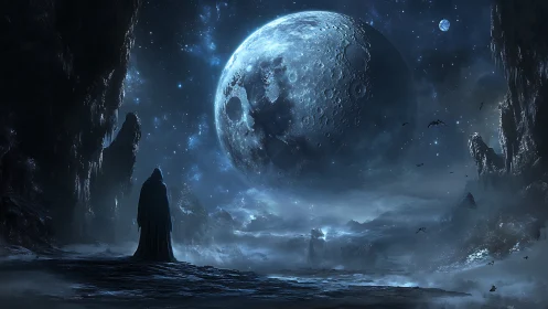 Figure observes cratered moon above foggy, rocky landscape
