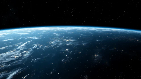 Curved blue Earth glows softly against a deep star-filled cosmos.