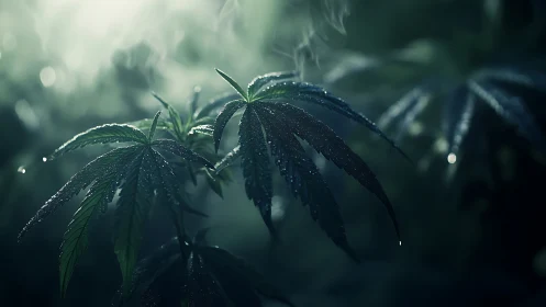 Gentle dawn light on dewy green leaves in tranquil mist.