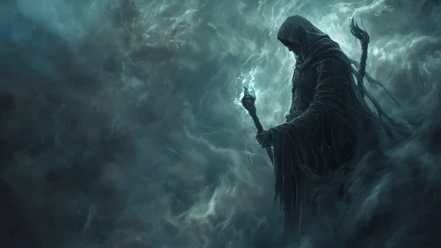 Silent stormcaller in swirling ghostly twilight mist.