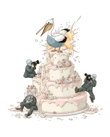 Pelican exploding from wedding cake as photographers react.