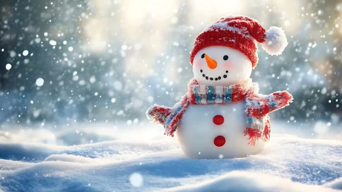 Cheerful snowman in candy-knit scarf under drifting snowfall.