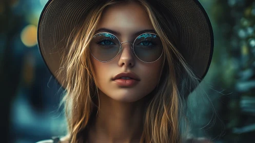 Stylish blonde portrait with round glasses and sun hat.