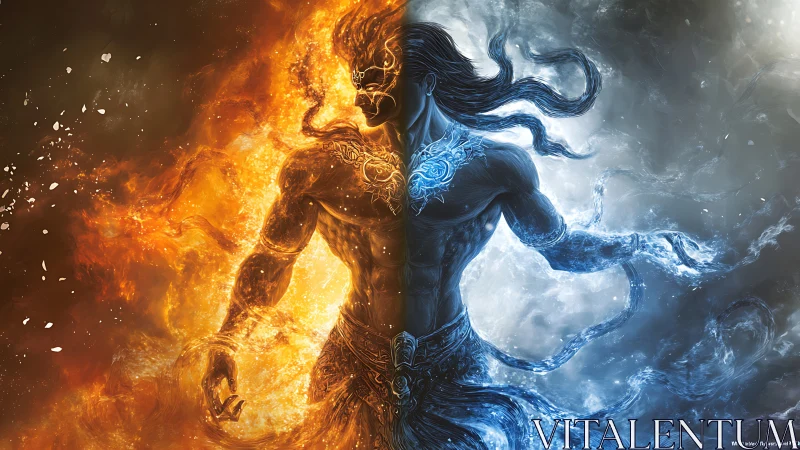 Elemental warrior poised between blazing fire and ice calm.
