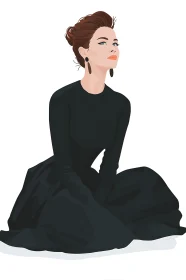 Elegant woman in black gown gazes upward with quiet poise