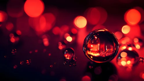 Glass sphere reflects red bokeh lights in extreme closeup