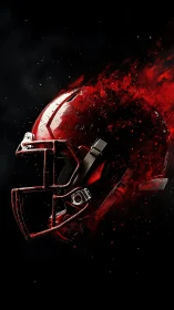 Exploding red football helmet surges through dark stadium void
