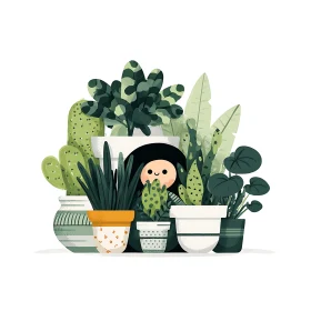 Playful character peeks from lush potted houseplants illustration.