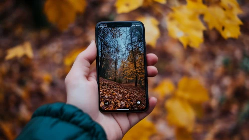 Hand holding smartphone capturing autumn forest scene.