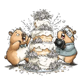 Cartoon capybaras observe unstable multi-tier wedding cake