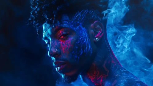 Moody blue and red portrait of tattooed man in smoke glow.