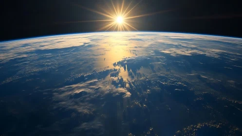 Sunrise over Earth&rsquo;s limb with radiant golden reflections.