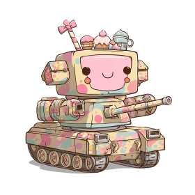 Cute pastel dessert tank rolls forward with playful charm