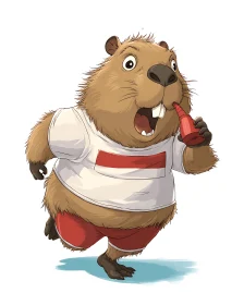 Cheerful capybara fan sprinting with a bright red horn.