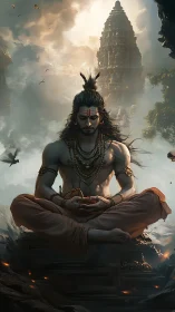 Meditating ascetic before misty temple spire in golden haze.