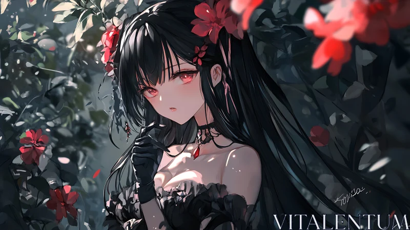 Gothic anime girl with red eyes framed by dark floral foliage