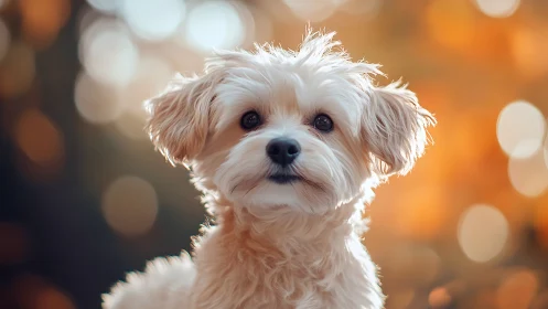 Fluffy small dog portrait in warm outdoor bokeh light.