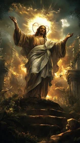 Radiant robed savior rises in golden storm of divine light
