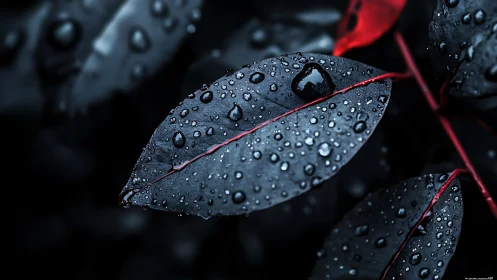 Macro raindrops on dark leaves with vivid red midribs.