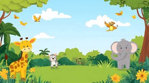 Cartoon jungle scene shows giraffe, zebra, elephant and birds