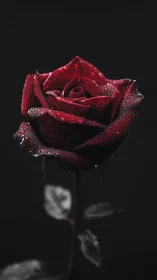 Velvet red rose in moody light with shimmering raindrops.
