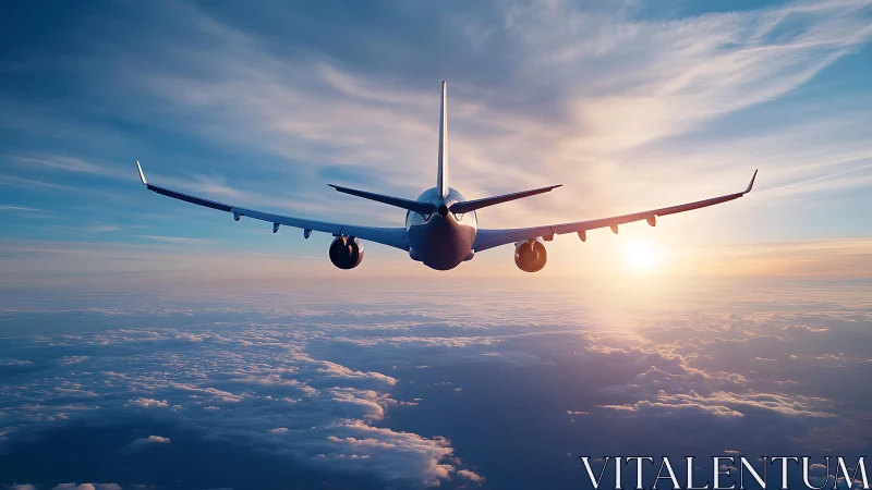Commercial jetliner ascends above cloud layer at sunset