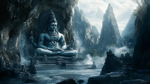 Serene Shiva statue meditates within misty mountain sanctuary