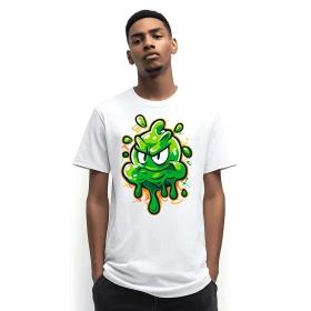 Man wearing white t-shirt with green slime cartoon graphic.