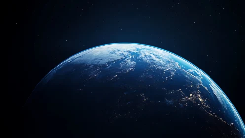 Earth horizon from space with glowing city lights at night.
