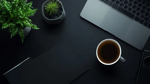 Minimalist black desk with laptop, coffee and green plants.