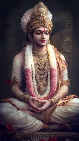 Graceful divine figure in serene meditation, adorned with garlands.