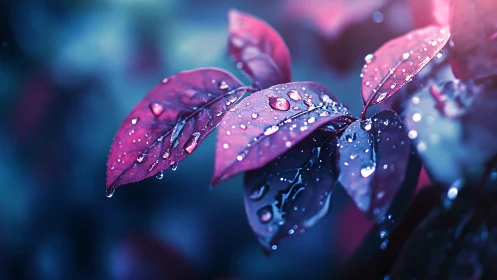 Neon purple leaves hold glistening raindrops in soft bokeh glow