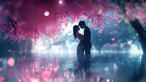 Ethereal Romance Beneath Cherry Blossoms in Luminous Waters.