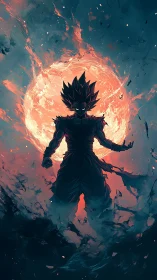 Celestial energy warrior silhouette before erupting solar halo