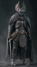 Midnight dragon knight standing guard in swirling mist.