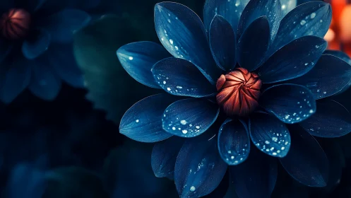 Luminescent Blue Flower with Glowing Dewdrops.