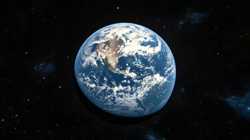Earth from deep space with luminous cloud bands glowing.