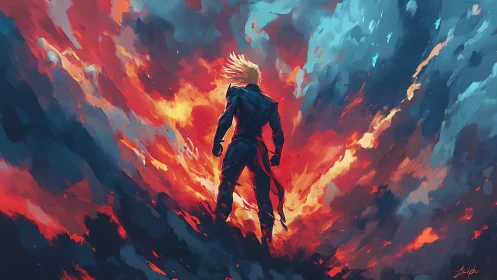 Lone warrior rises through blazing abstract firestorm