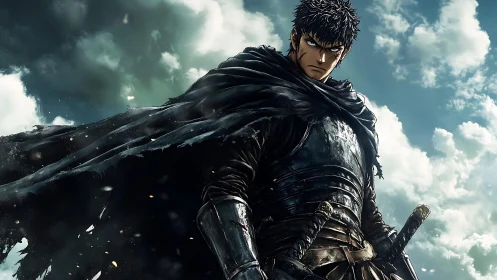 Storm-lit lone swordsman wrapped in shadowed resolve.