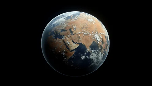Planet Earth from space with arid continents and clouds.