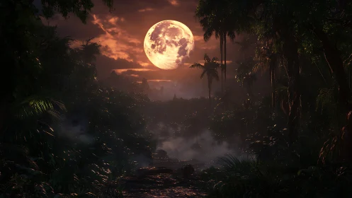 Moonlit jungle path wrapped in misty midnight calm.
