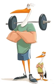 Confident cartoon storks pose as comical gym partners.
