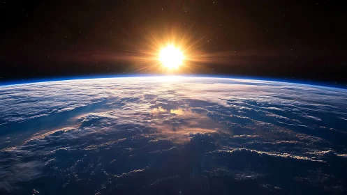 Solar illumination over Earth&rsquo;s curved horizon in space.