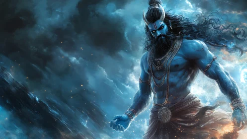 Powerful blue deity walking through swirling storm clouds.