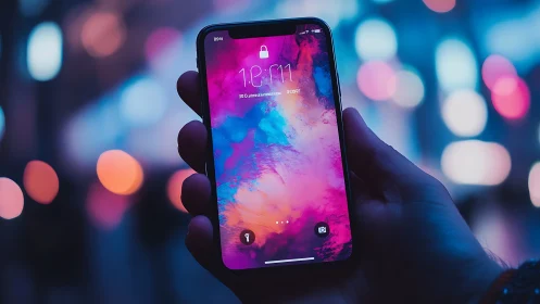 Smartphone close-up with neon bokeh urban night backdrop.